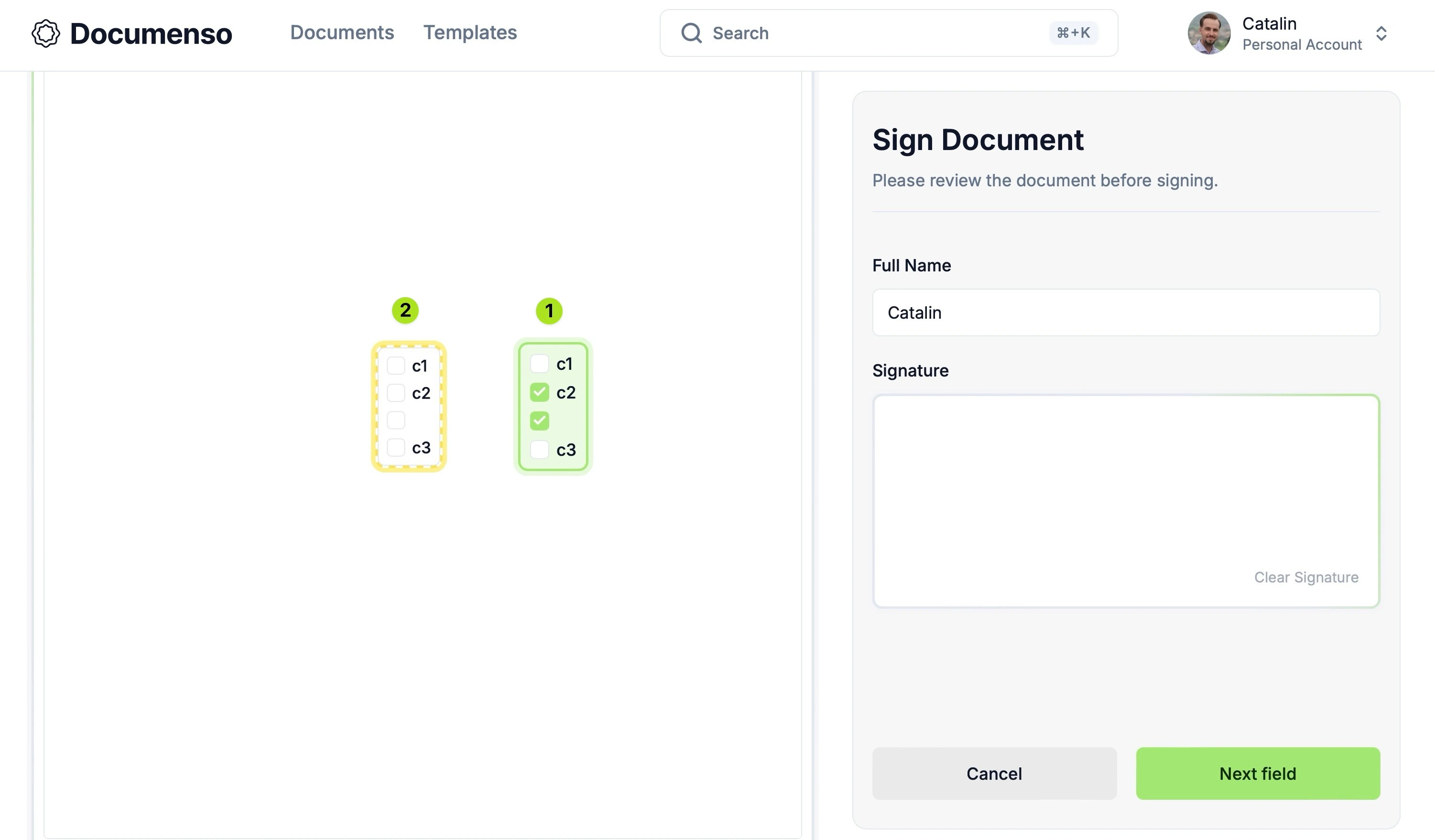 The checkbox field on the Documenso document signing page