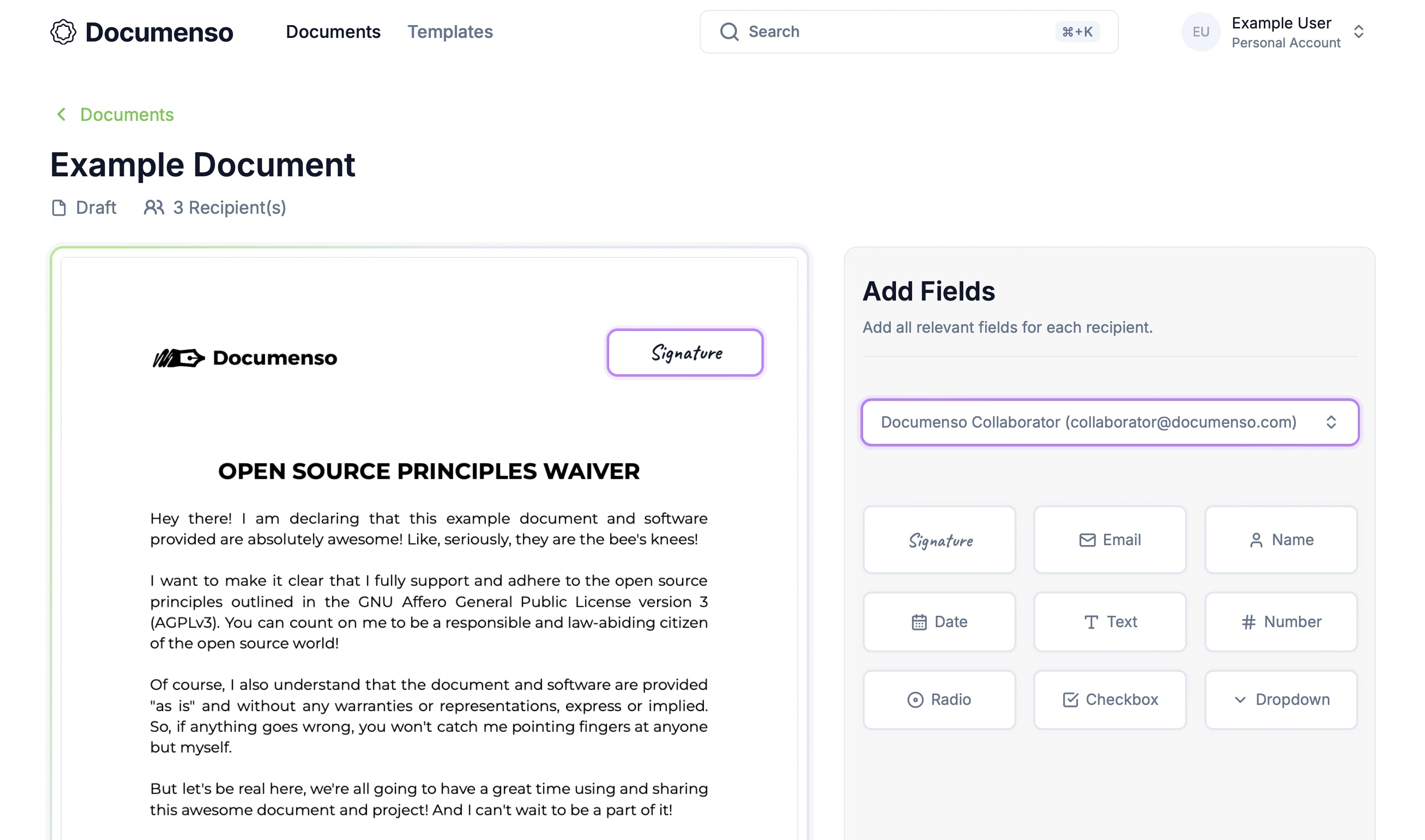 Screenshot illustrating the fields for a signer on the Documenso document editor page