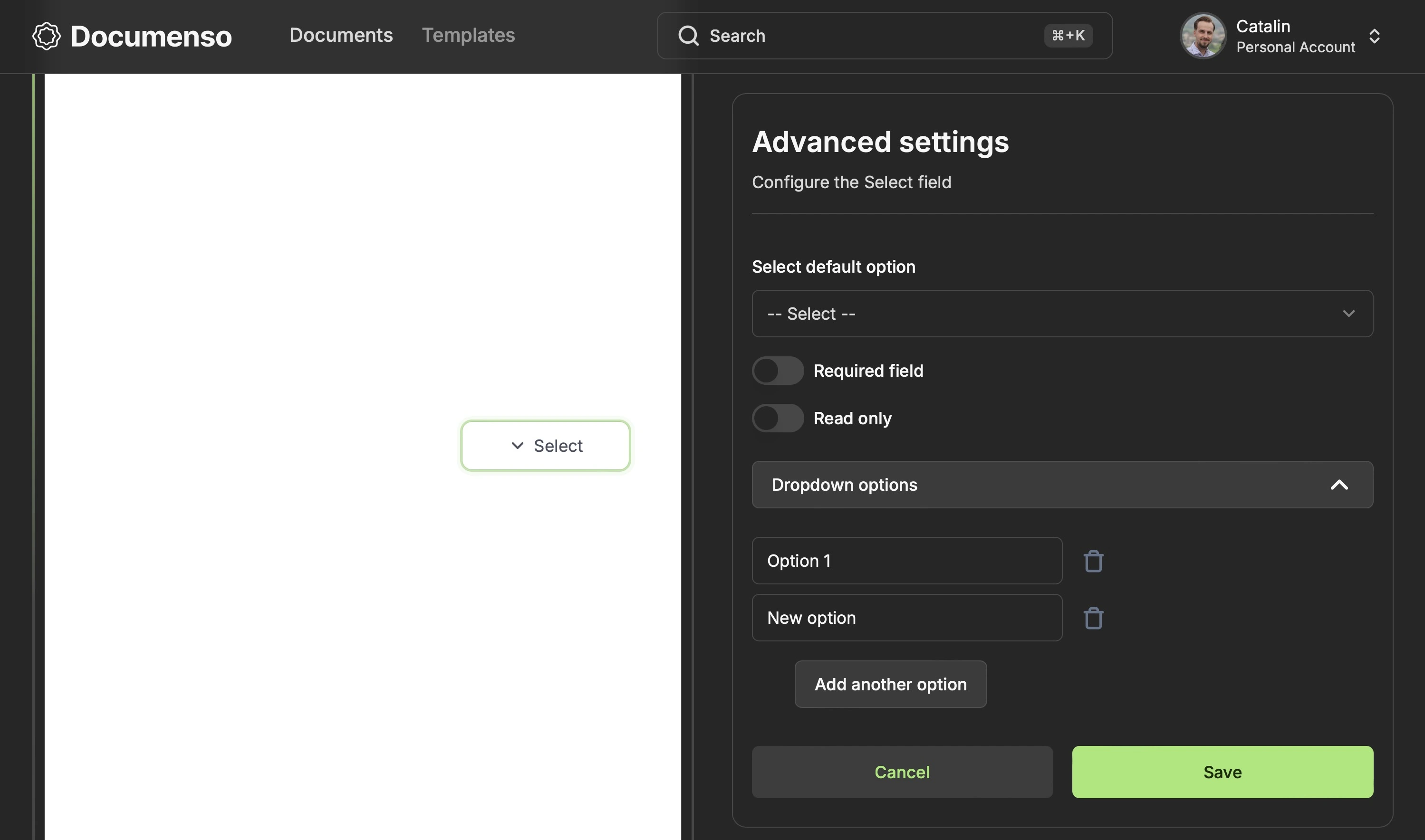 The advanced settings tab for the select field in the Documenso document editor