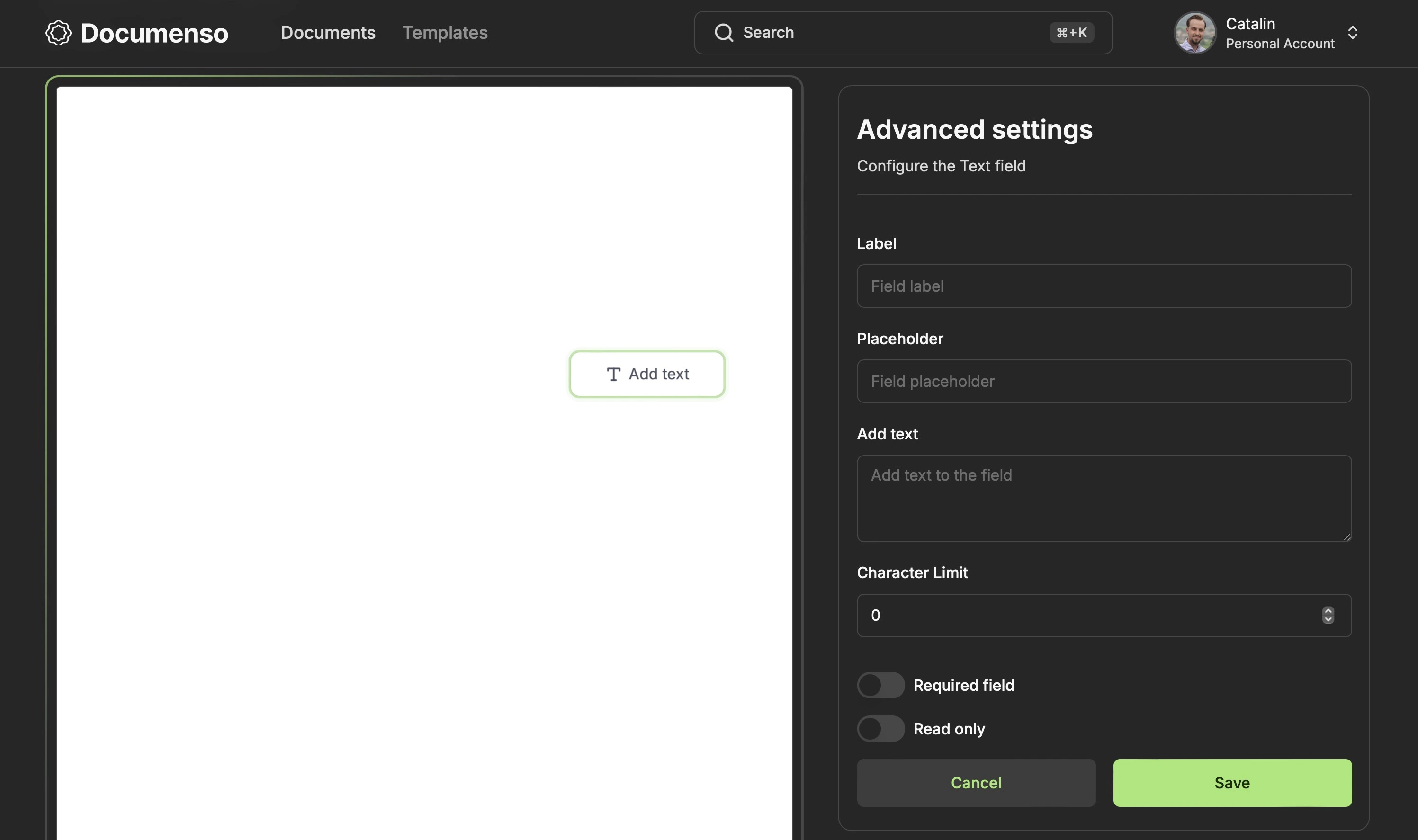 The advanced settings tab for the text field in the Documenso document editor